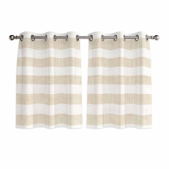 Beige Stripe Kitchen Curtains Short 54 Inch Length, Vintage Country Geometric Linen Texture Grommet Top Bedroom Living Room Curtains, Light Filtering Cafe Curtain Drapes 2 Panels Set 84''x54''