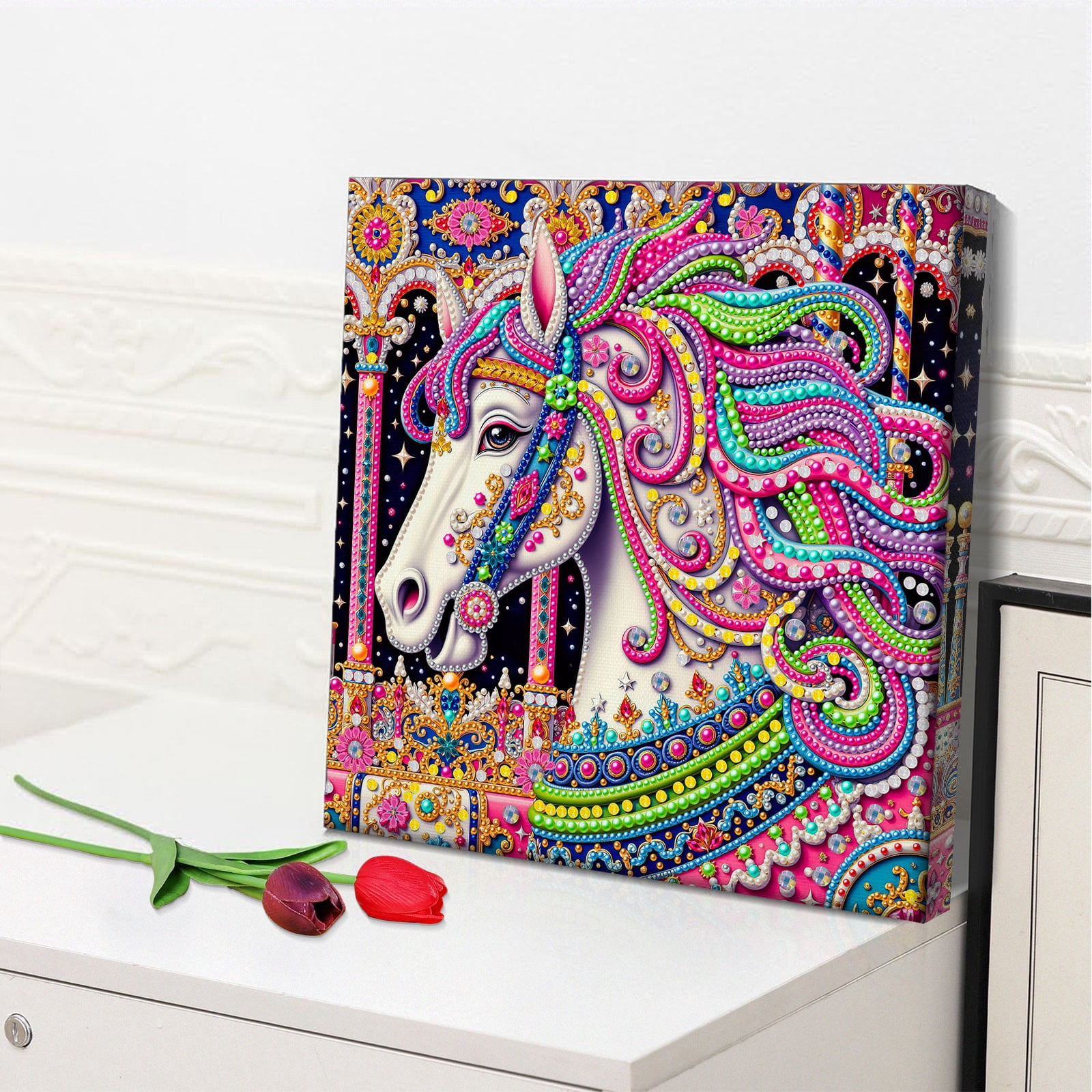FLOPESN DIY Pearl Painting Kit with Wood Frame, 11.42x11.42 Inch Home Wall Art Decor, Mindful Adult Craft for Stress Relief and Relaxation-Horse-1