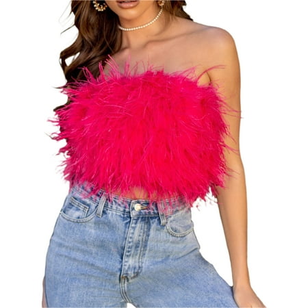 

Huakaishijie Women Feather Trim Corset Bandeau Tube Crop Tops Bustier Faux Fur Sleeveless Tank Bra