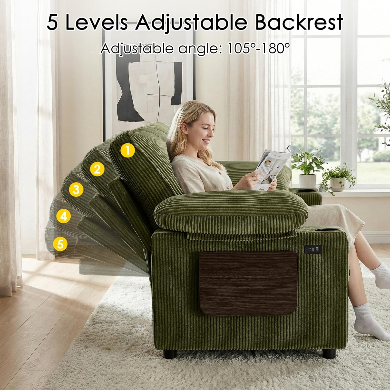 58" Sleeper Sofa Bed, Convertible Pull Out Couch Full Size Loveseat with Corduroy Fabric, USB Charging, Adjustable Backrest for Living Room Apartment Office, Green