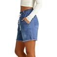thumbnail image 5 of Women High Rise Ripped Stretchy Jeans Shorts Frayed Raw Hem Casual Denim Shorts Blue S, 5 of 7