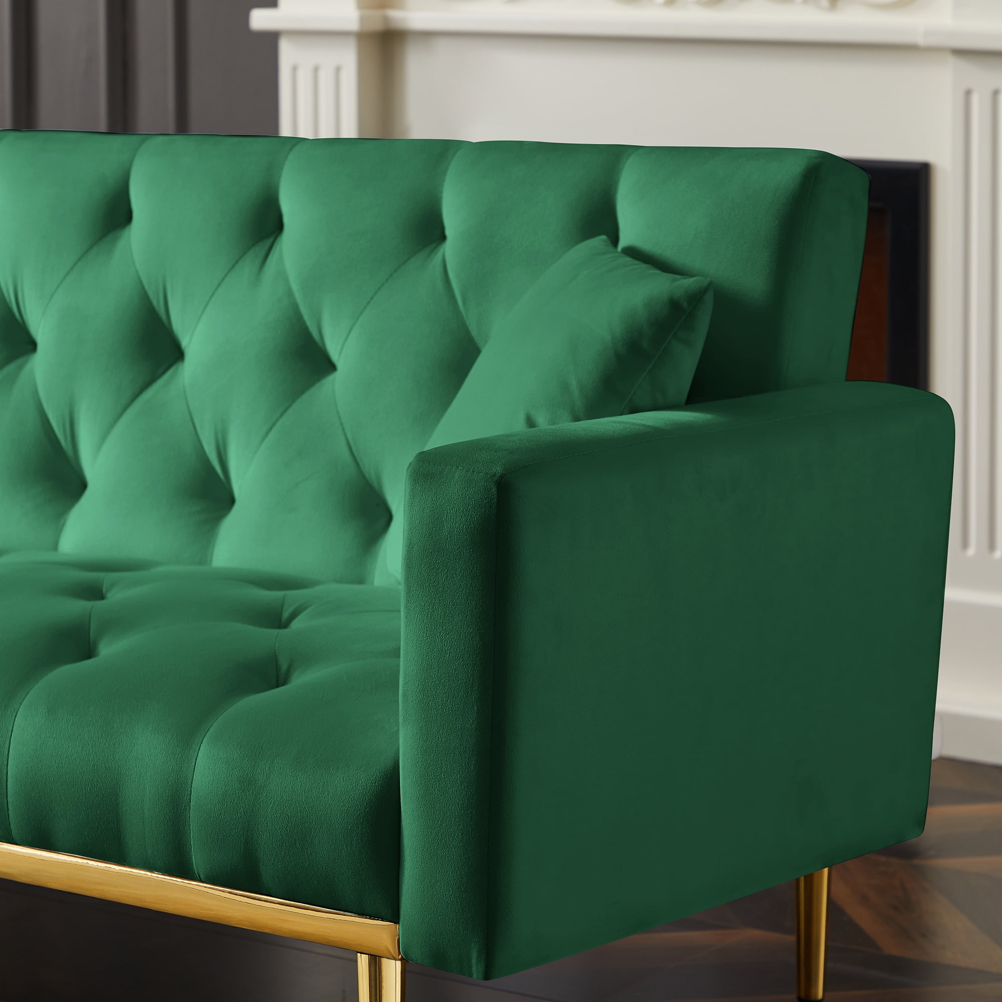 Kadyn Velvet Upholstered Sofa, Modern Convertible Folding Futon Sofa Bed for Apartment, Living Room Sofa with 2 Throw Pillows, Green