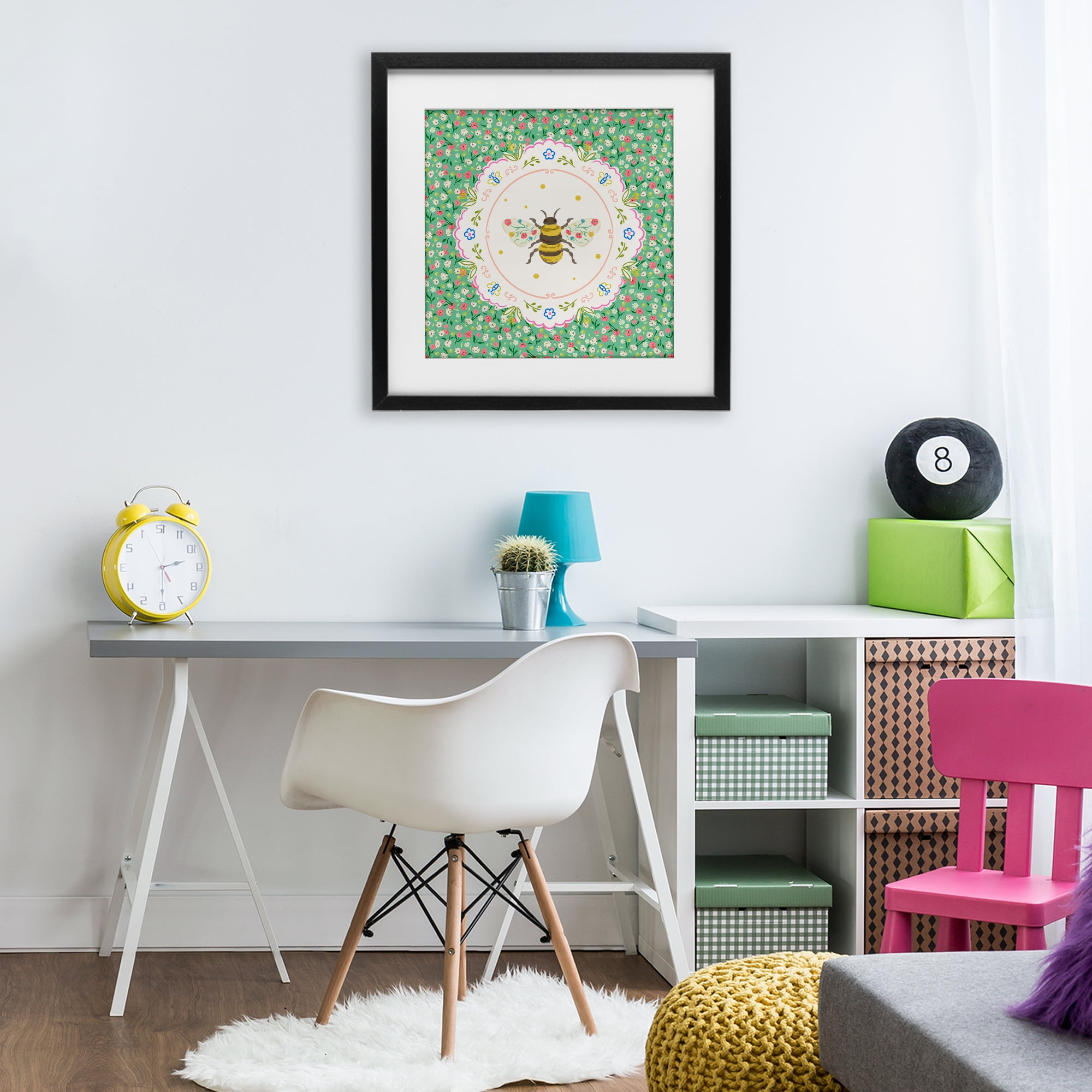 Spring Bee Delicate Florals Black Framed Print Under Glass, design by Angela Steahling