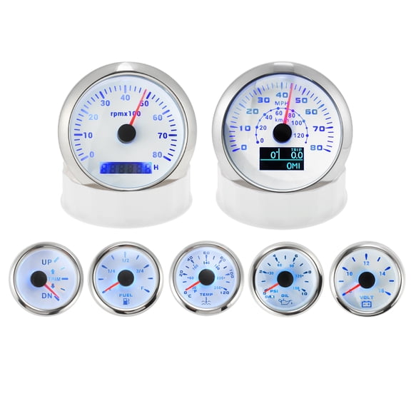Unique Bargains 7 Gauge Set 3-3/8" 85mm GPS Speedometer Tachometer, 2-1/16" 52mm Oil Pressure, Fuel Level, Water Temperature, Voltmeter Trim Waterproof Marine Boat Car Truck Gauges Kit White