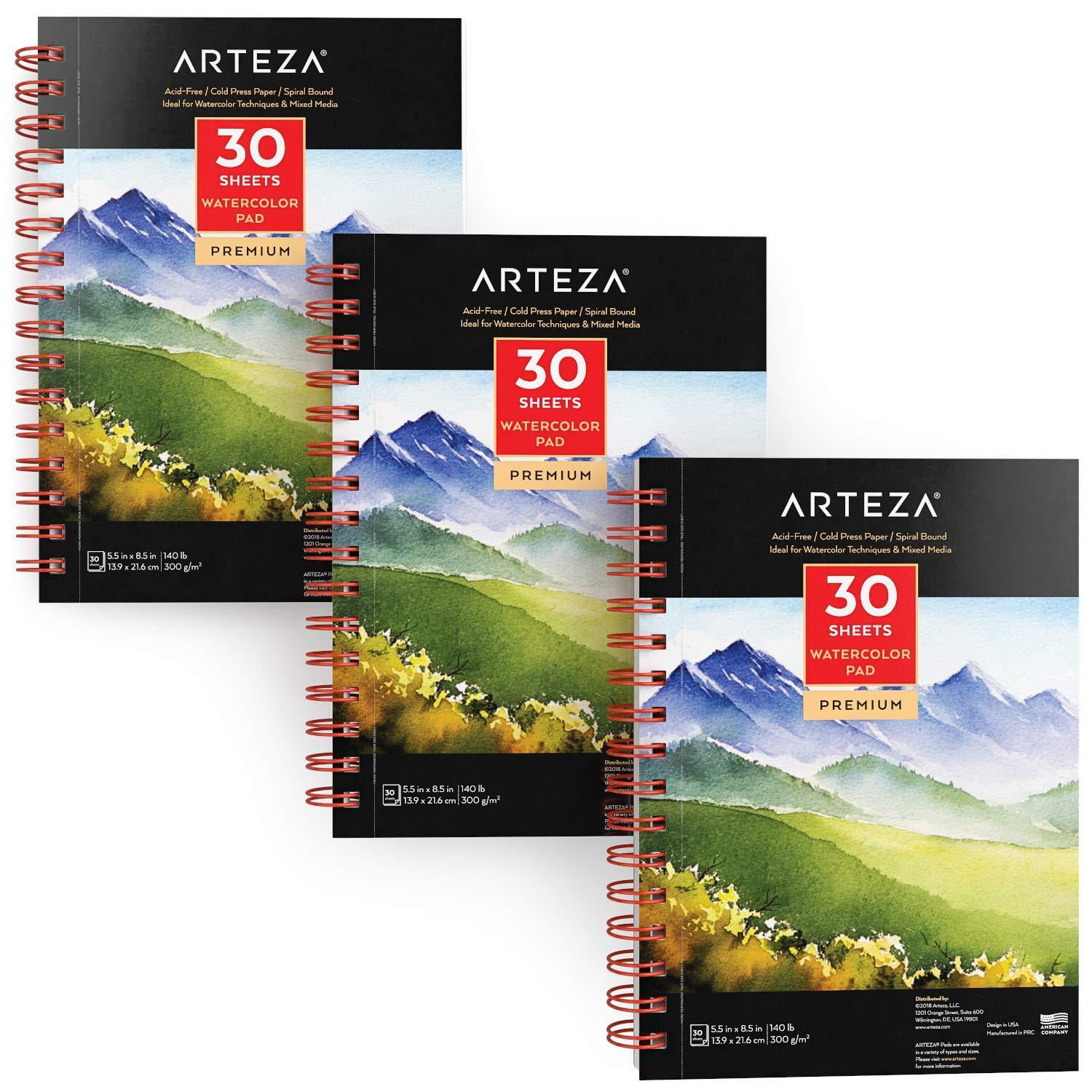 Spiral Bound Acid Free Perfect for Wet 30 Sheets Each 3 Pack 140lb/300gsm Cold Pressed Paper Arteza 5.5X8.5 Watercolour Pad 90 Sheets Dry & Mixed Media Painting 