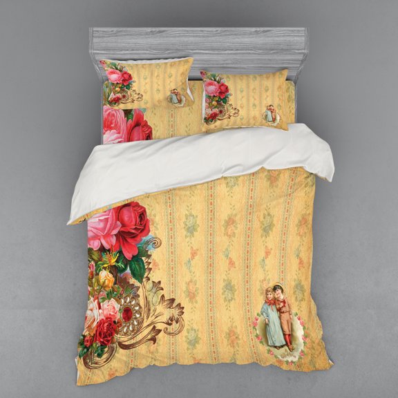 Ambesonne Vintage Bedding Set 4 Pcs, Romantic Country Roses, Queen, Sand Brown Pale Pink