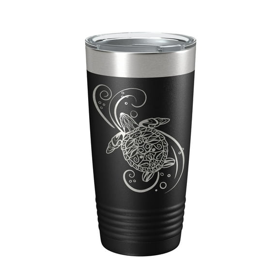 Sea Turtle Mandala Tumbler Travel Mug Insulated Laser Engraved Coffee Cup Turtle Zentangle Pattern Design Gift 20 oz Black