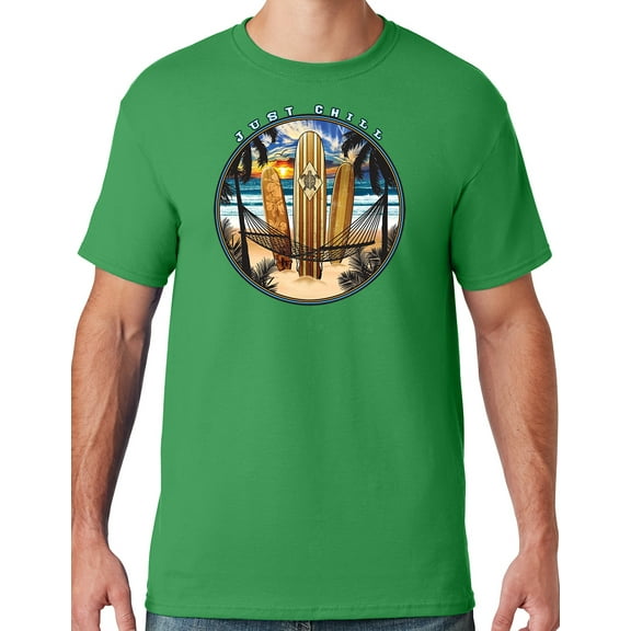 Mens Manu Bay Surf Company JUST CHILL SURFING T-shirt, Small Kelly Green