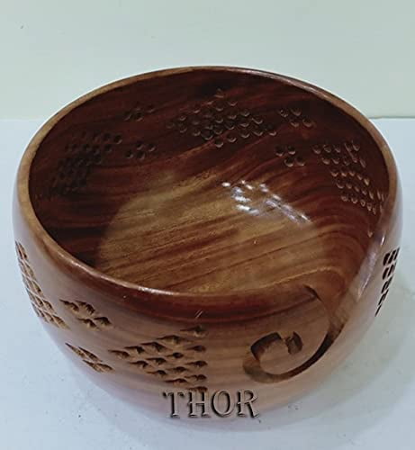 Wood Yarn Storage Bowl with Carved Holes & Drills Knitting Crochet Accessories