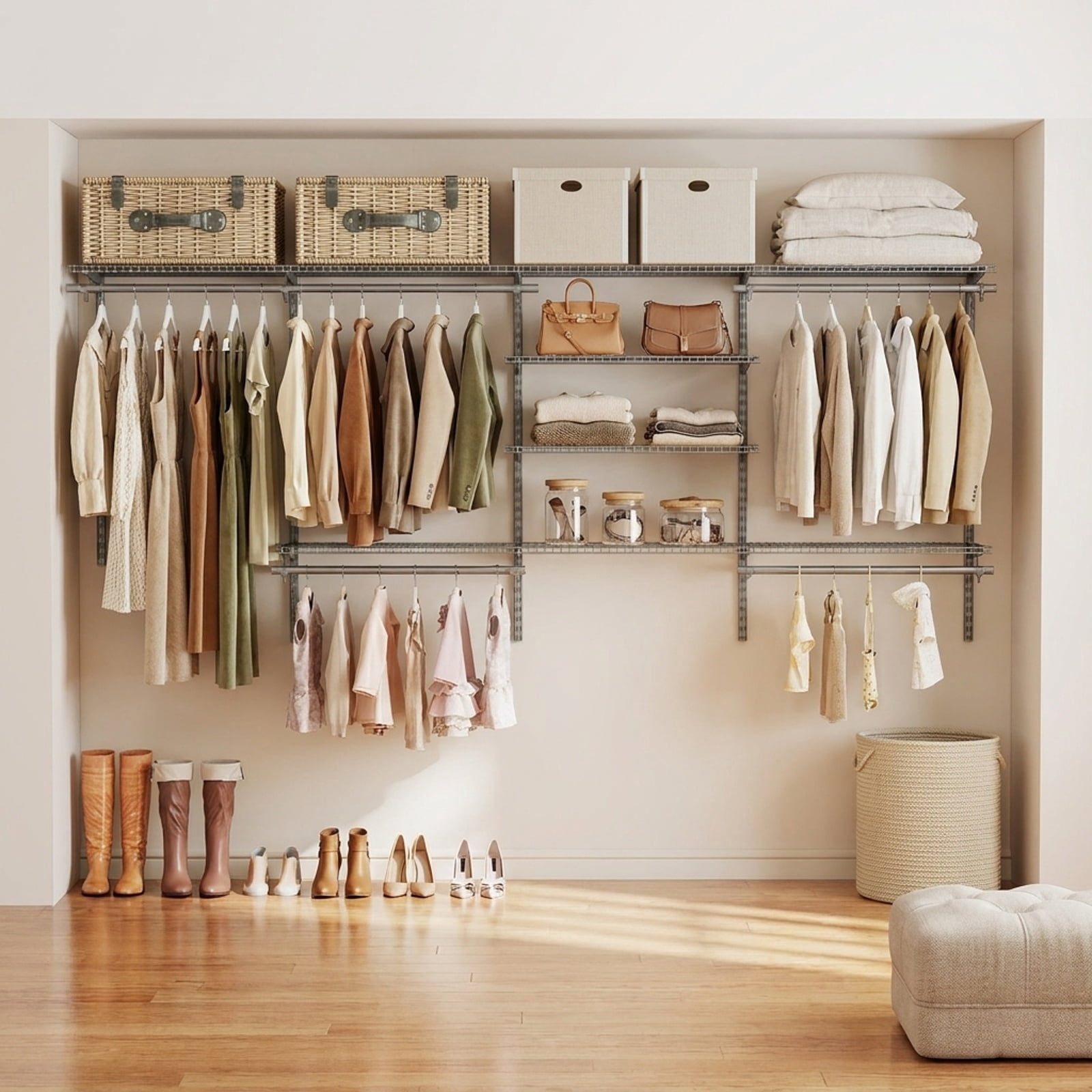 Furnibear Wall Mounted Closet Organizer System with 7 Shelves 5 Hanging Rods and Adjustable Heights for Bedroom and Laundry Storage, Gray