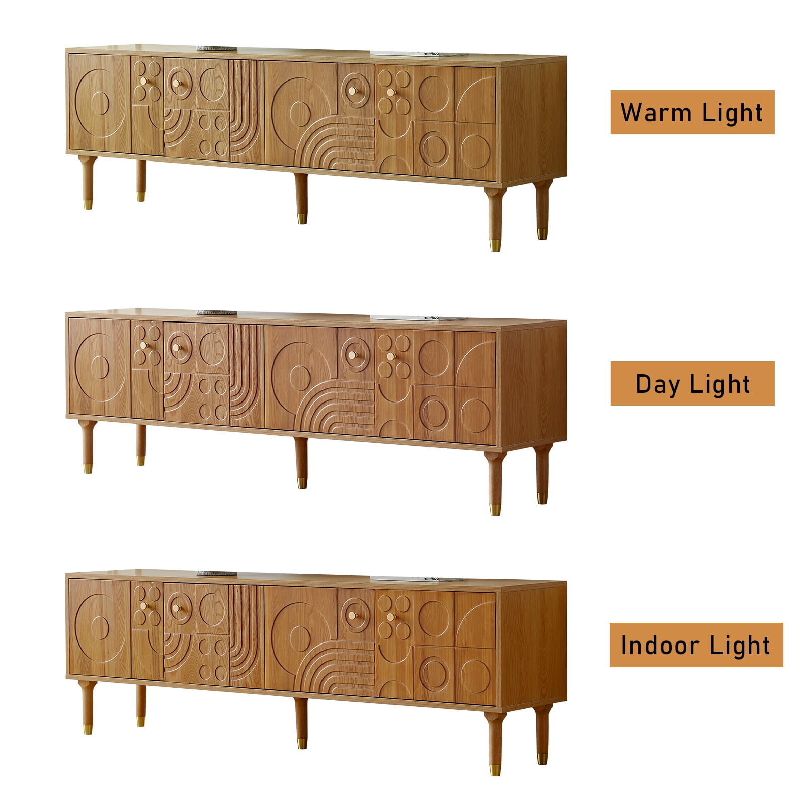 siu want Modern TV Stand for 75 inch TV, 70.9" Retro Media Console with Carved Geometric Doors & 4 Cabinets, Wood Color Entertainment Center​