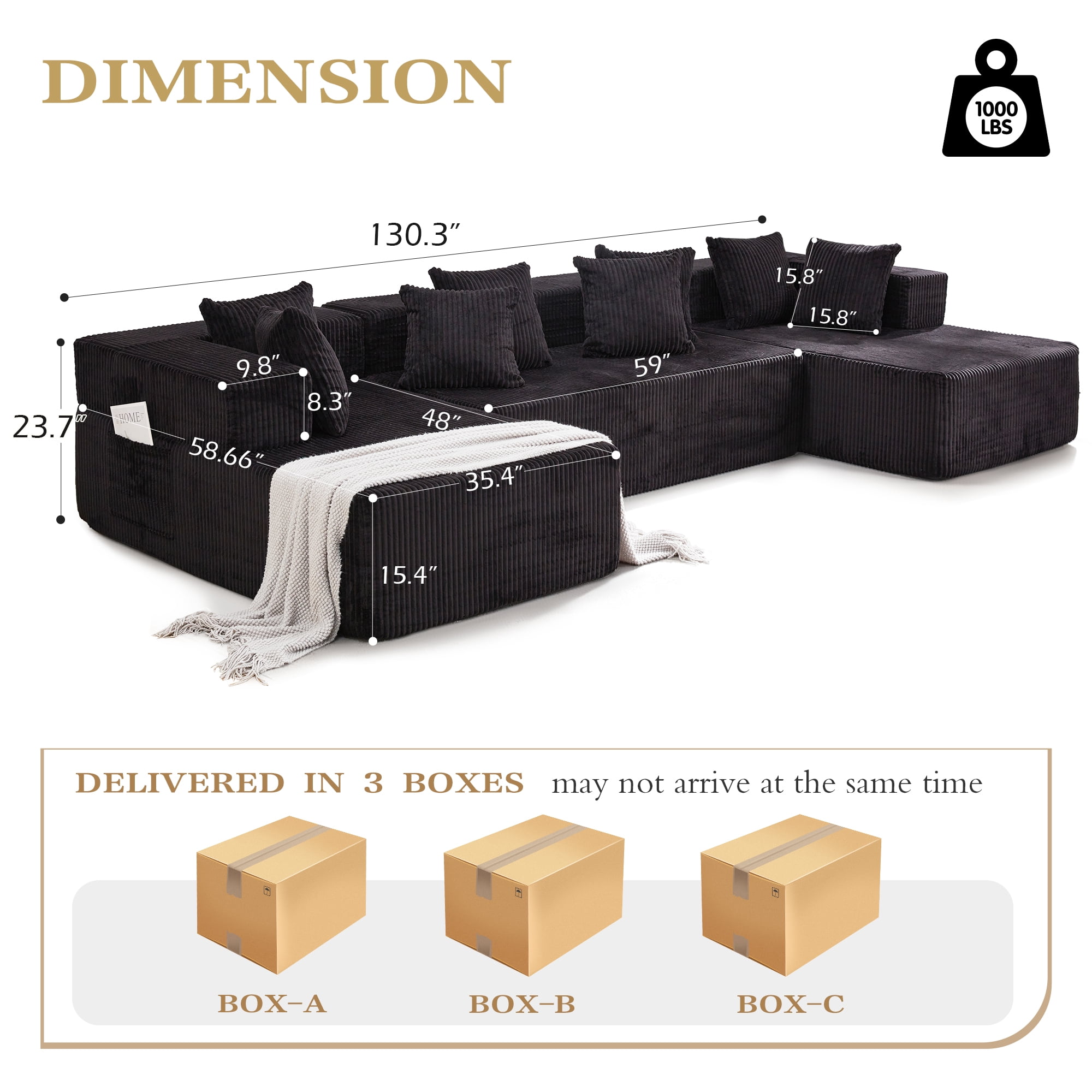Vicluke 131" Boneless Memory Foam Sofa with Chaise Lounge, Comfy Corduroy Fabric Modular Sectional Couch, U-Shaped Sofa for Living Room & Apartment, No Assembly Required (Black)