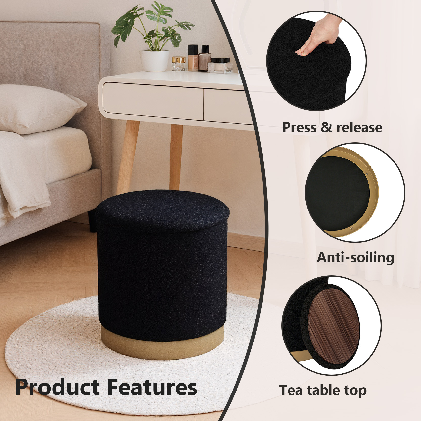 PINPLUS Round Storage Ottoman with Tray Gold Edge Stool Leg Folding Foot Rest for Living Room Black,Sherpa Fabric