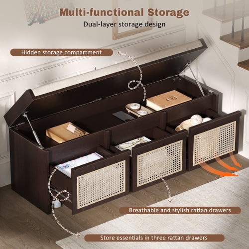 48" Retro Entryway Shoe Storage Bench with Rattan Drawers & Removable Button-Tufted Cushion, Espresso