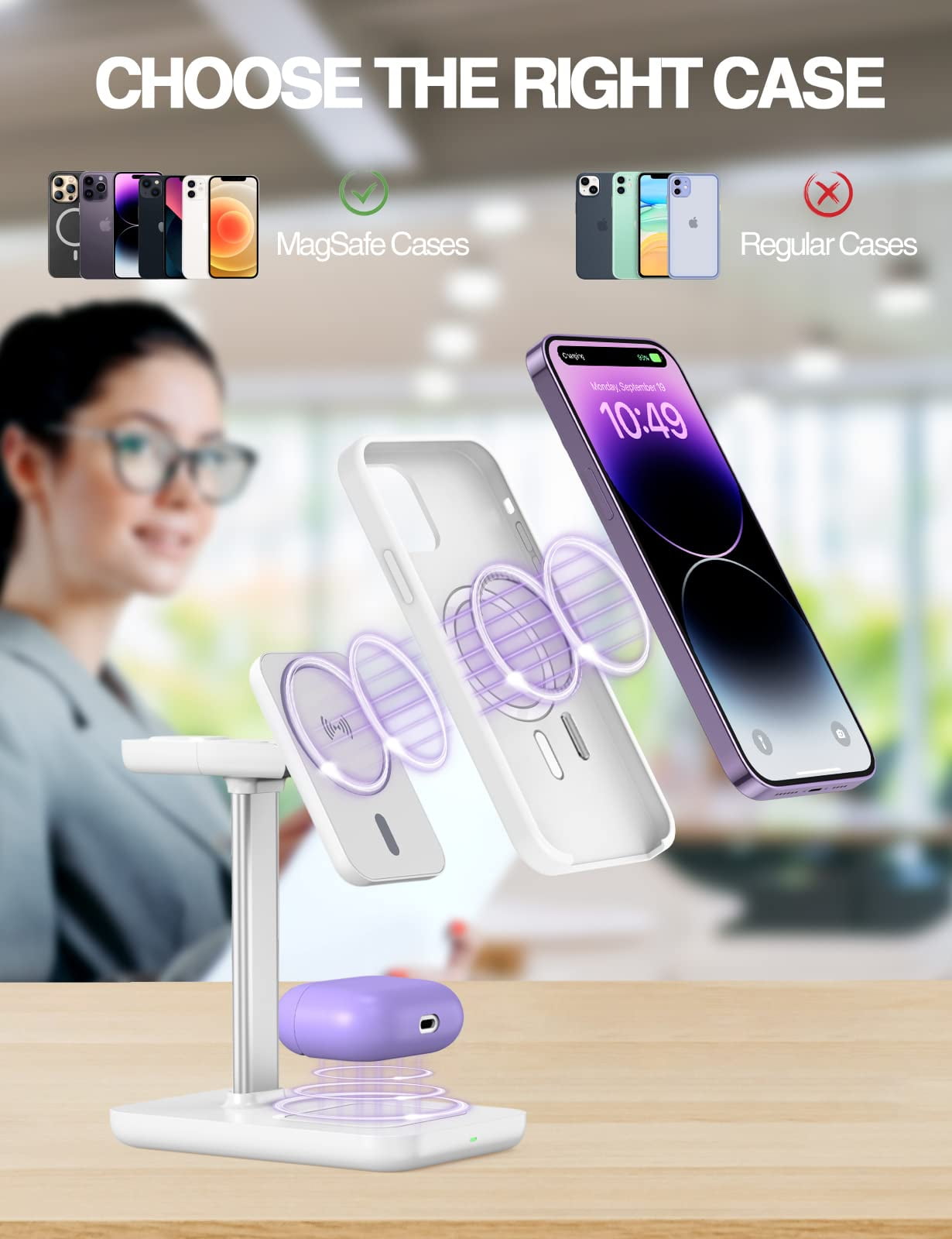 Miroddi Magnetic Wireless Charging Station Compatible for iPhone, Apple Watch, AirPods, 3-in-1 Wireless Charging Stand with 20W Quick Charger, Gifts for Him Her, White