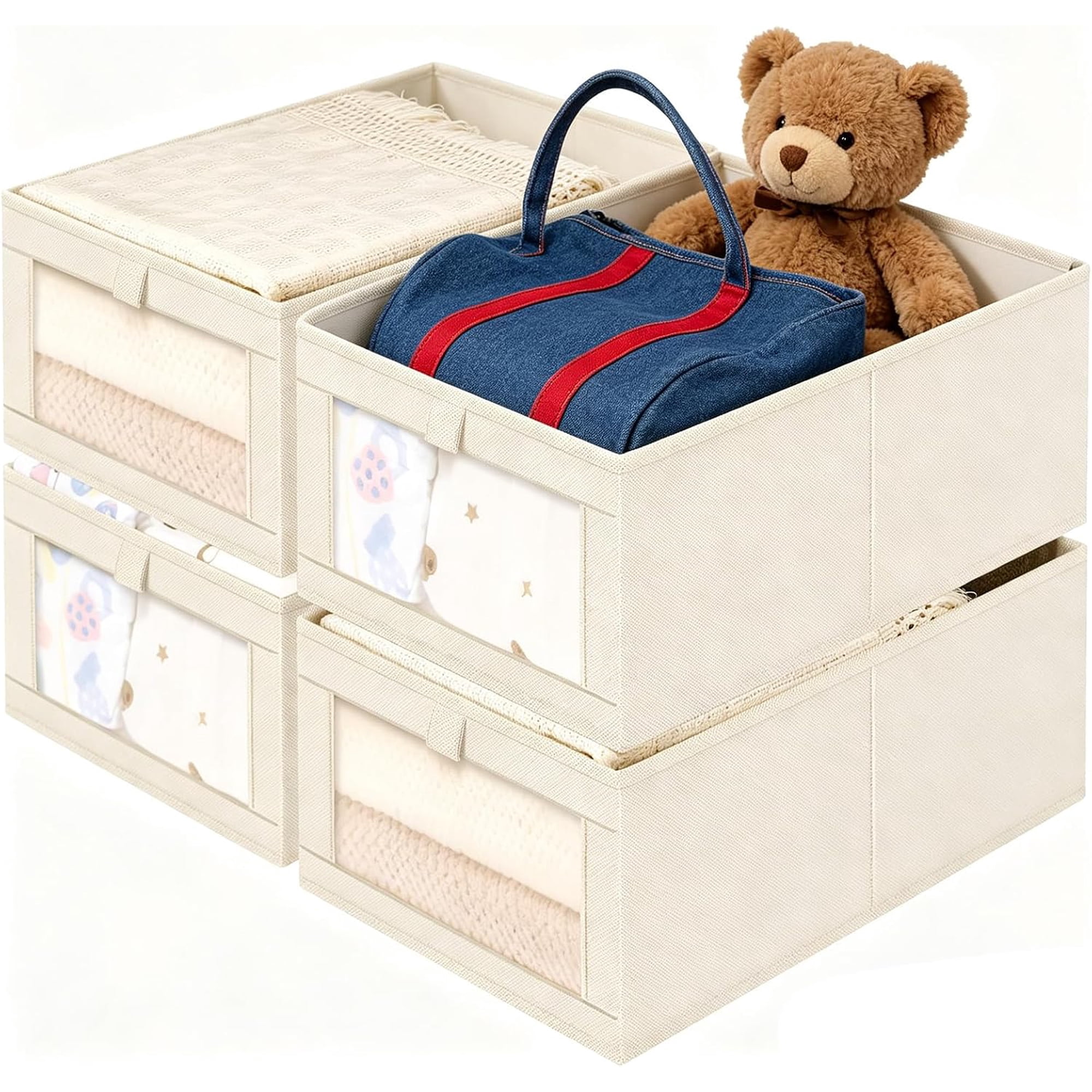 4 Pack Closet Organizers and Storage Foldable Linen Storage Bins with Mesh Window for Clothing Towels Toys Nursery Shelves Beige