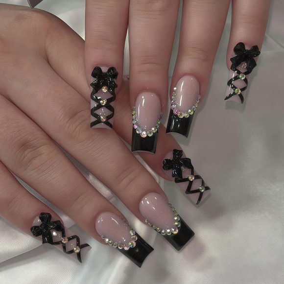 Uñas postizas adhesivas Quezadyl French negras con moño y pedrería, 24 piezas