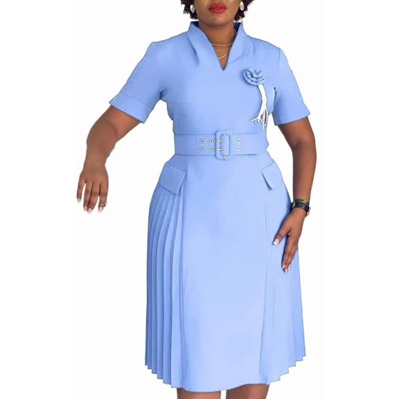 Womens Midi Dresses V Neck Cocktail Church Tea Dresses A-Line Swing Dresses