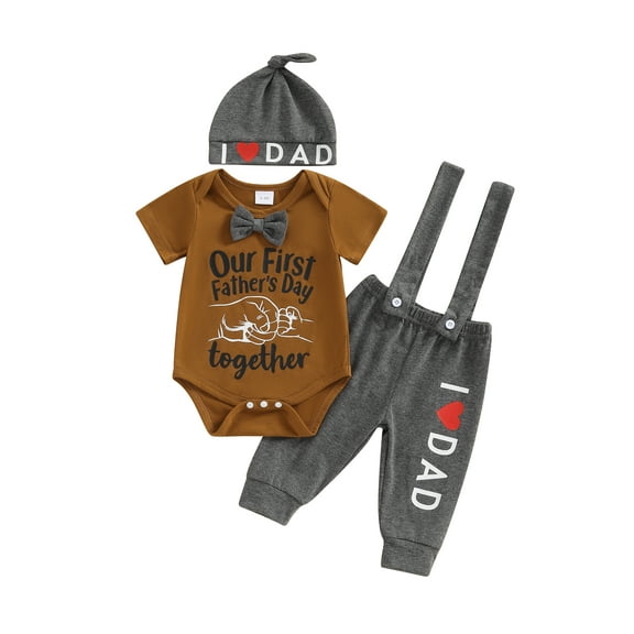 Bagilaanoe 3pcs Newborn Baby Boys Father Day Outfits Pants Set Print Short Sleeve Romper Tops Suspender Trousers Hat 3M 6M 12M 18M Infant Casual Clothes
