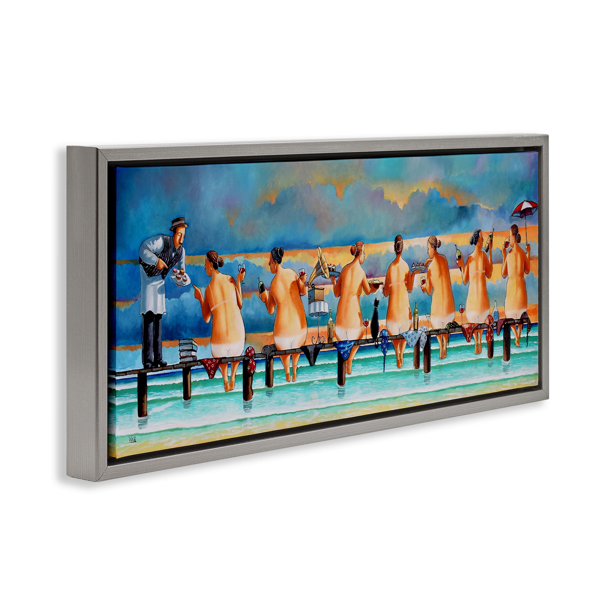 Stupell Industries Ladies Enjoying Beach Novelty Painting Gray Floater Framed Canvas Art Print Wall Art, 25 x 11