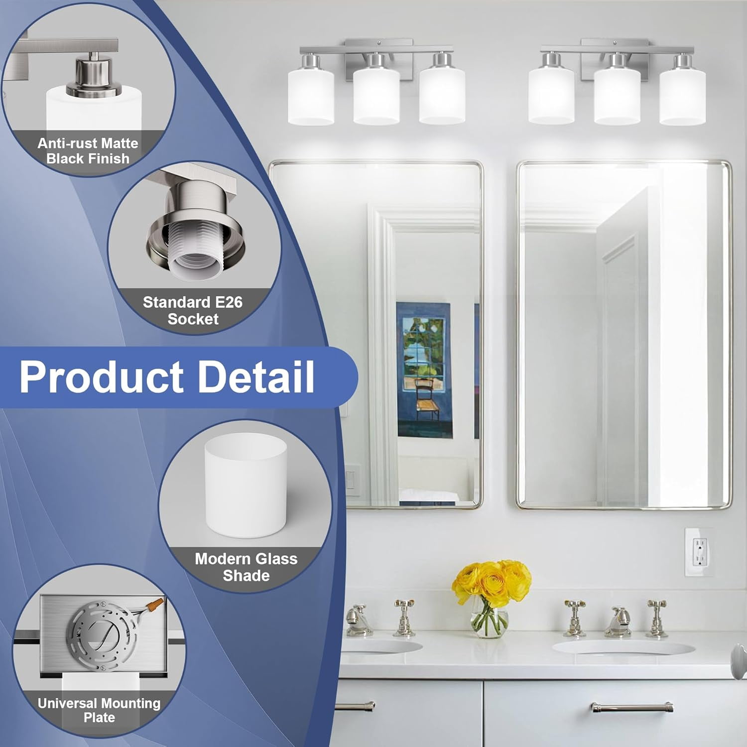 Sailstar Bathroom Light Fixtures, Modern 3 Lights Bathroom Lights over Mirror, E26 Standard Base, Glass Shade & Anti-rust Nickel Finished (Bulbs Not Included)