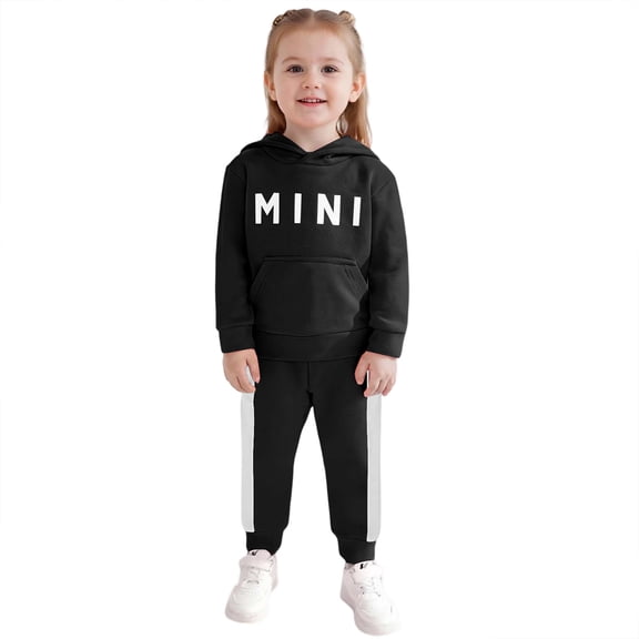 Girls 2-Piece Set 100% Cotton Hoodie and Jogger Pants Soft Casual Outfit with Pocket & Side Stripes for Kids Kids Ages 2-13 Black,Size 6 T