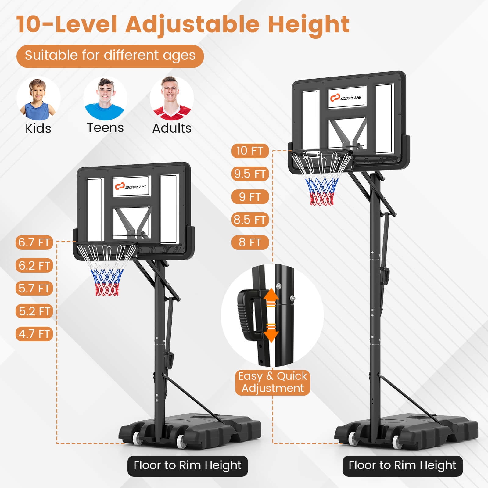 Costway 8ft-10ft Adjustable Height 44" Shatterproof Outdoor Portable Basketball System (Adult)