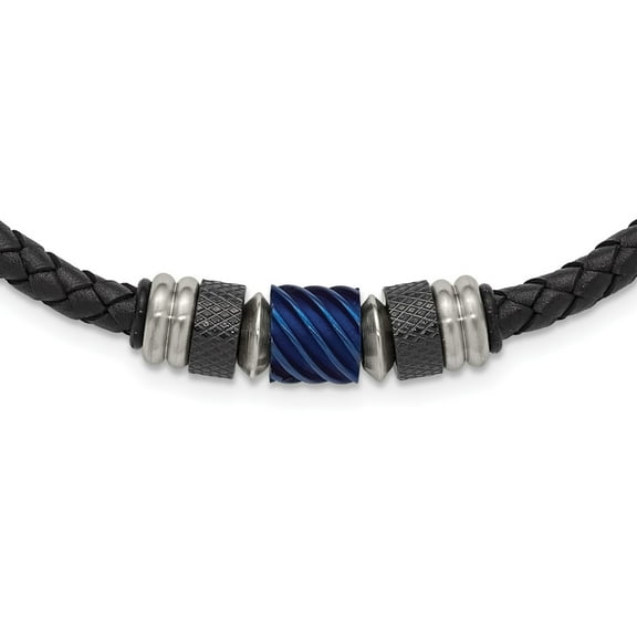 Diamond2Deal Stainless Steel Brushed and Polished Black and Blue IP-plated Black Rubber Leather Necklace for Men 20"
