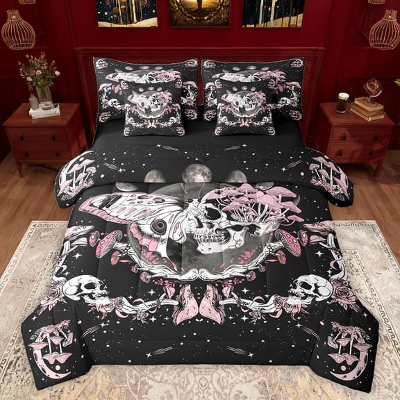Castle Fairy Female Men Abstract Moth Skull Twin Bedding Sets 7-Piece,Gothic Style Bedding Comforter Set Microfiber,Botanical Mushroom Galaxy Breathable Sheet Sets,Lightweight Room Decor,Reversible