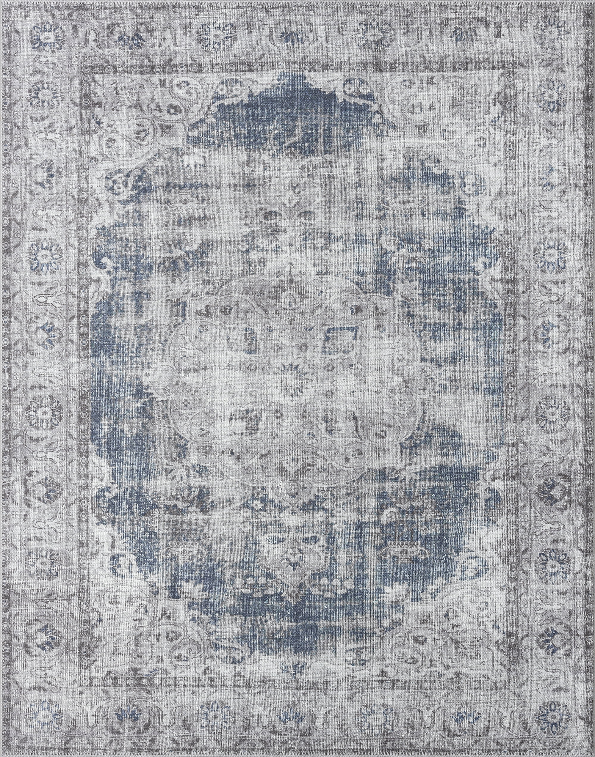 Traditional 5x7 Area Rug (5'3'' x 7'3'') Oriental Navy, Gray Living Room Easy to Clean Machine Washable