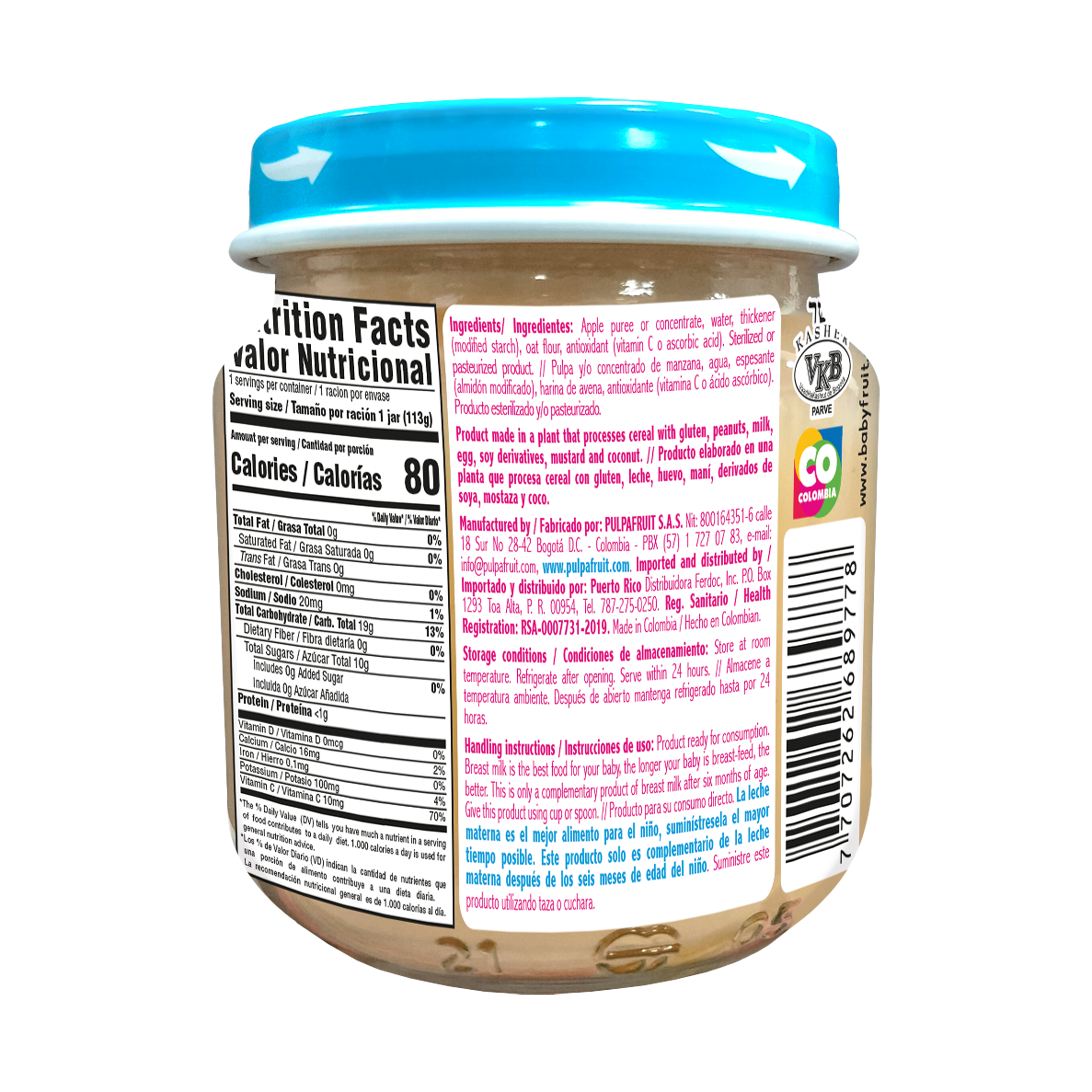 Baby Fruit, Stage 1 Baby Food, Apple & Oats, 4oz, Shelf Stable, Glass Jar