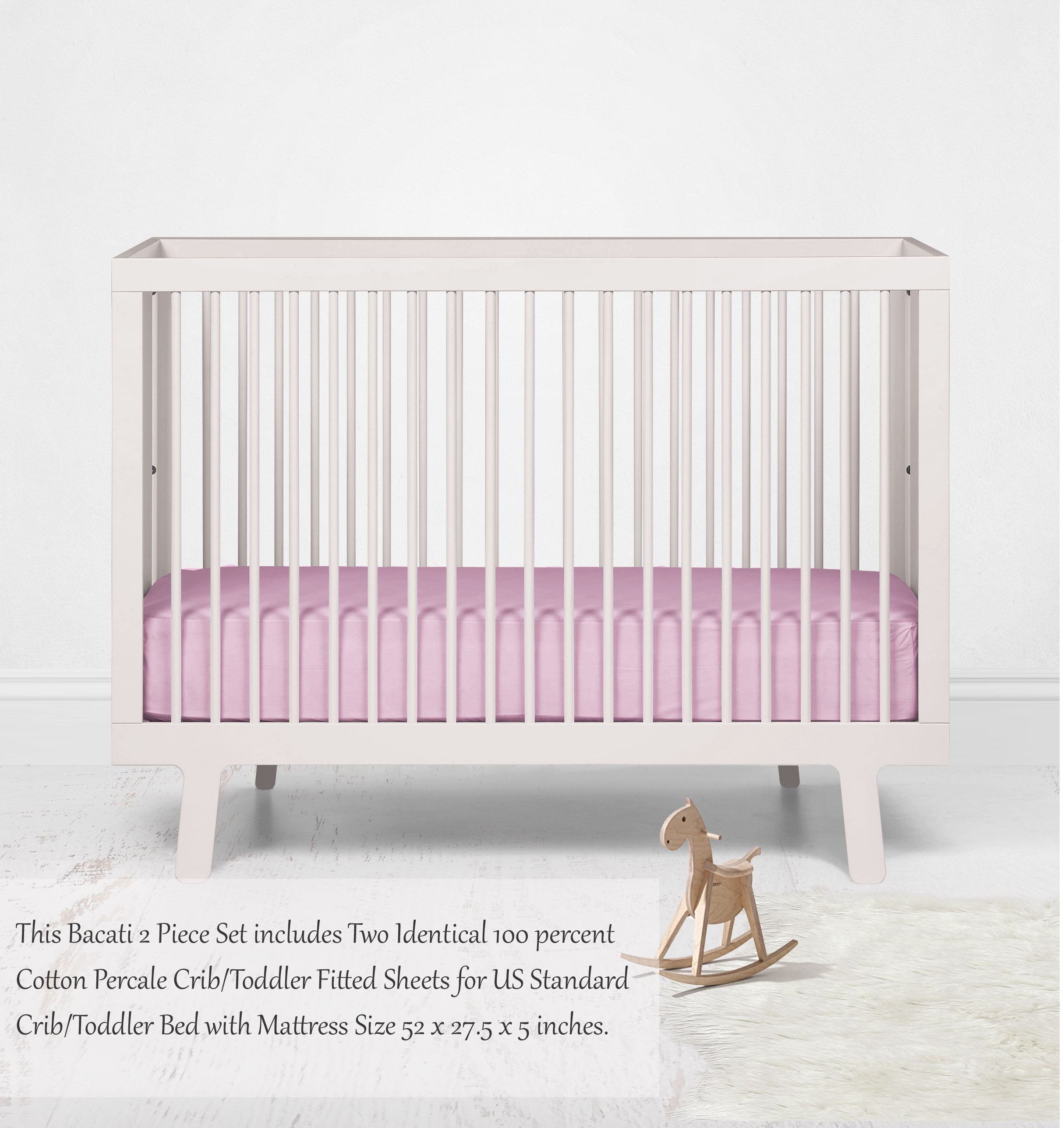 Bacati - MixNMatch Solid Crib/Toddler Bed Fitted Sheets 100% Cotton Percale, Pink, 2-Pack