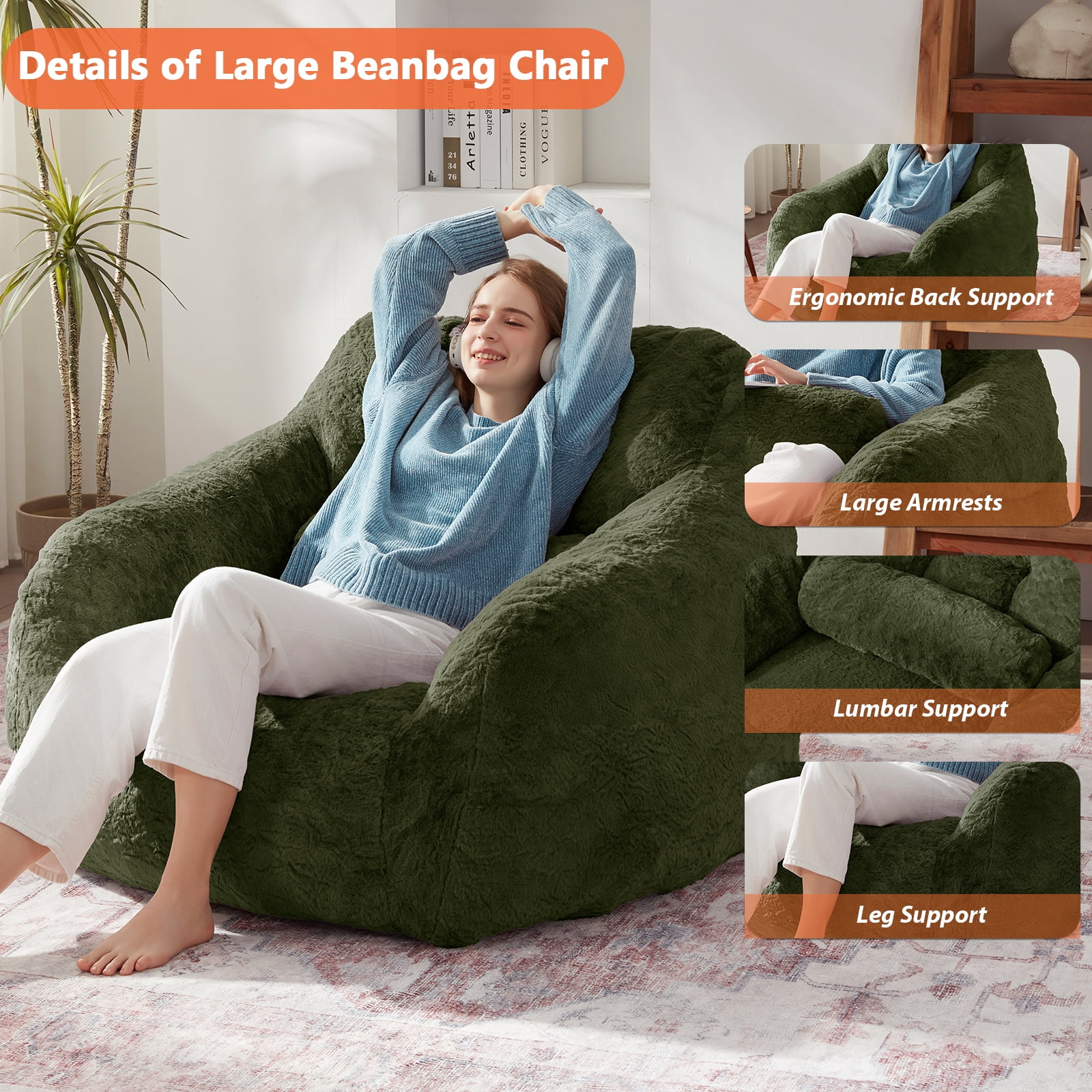 Ebenchico 3.8ft Oversized Bean Bag Chair for Adults Teens Kids, Beanbag Chairs with Pillow, Reading Gaming Relaxing Chair, Green