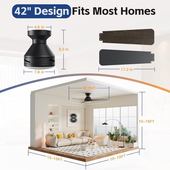 42 Inch Ceiling Fan with Light and Remote, 3CCT Flush Mount Low  LED Fan, 6 Speed Noiseless Black Ceiling Fan for Bedroom Living Room