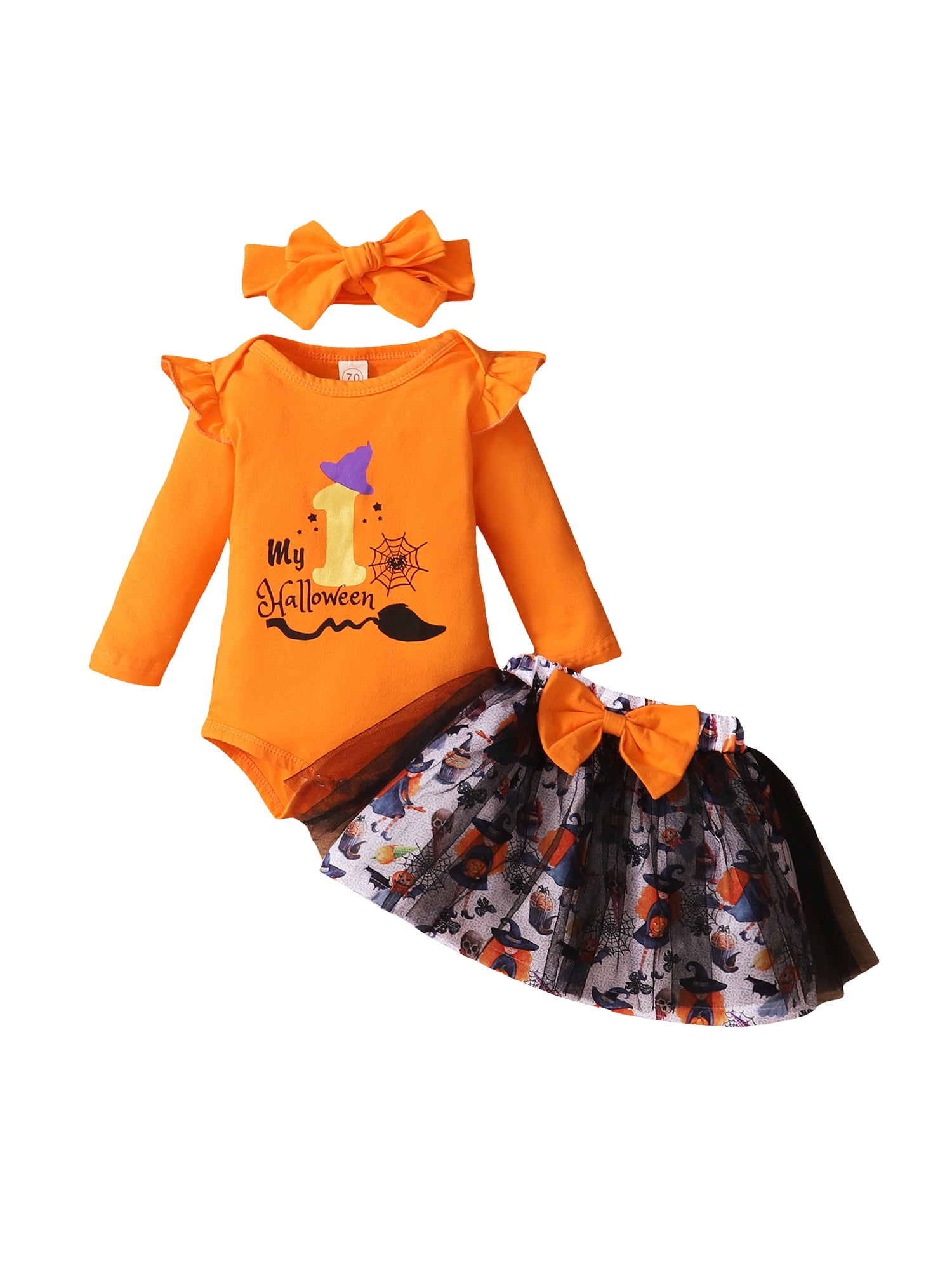 Halloween Black Witch Hat Pumpkin Jumpsuit Romper Orange Baby Girl Dress NB-18M 