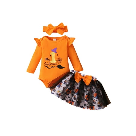 

Canrulo 3Pcs Newborn Baby Girl My First Halloween Outfits Long Sleeve Ruffle Romper+Tulle Skirt+Headband Set Orange 6-12 Months