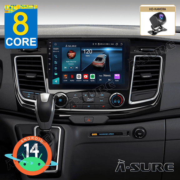8-Core 4 64GB Android 14 Car Stereo Radio for 2-DIN Ford Transit Custom 2017-2022, Wireless CarPlay Android Auto 4G LTE GPS Navi Wi-Fi BT 5.0 SWC DSP Backup Camera