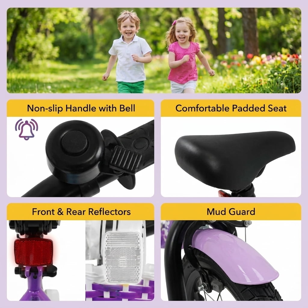 Redsmile Kids Bike 12 Inch with Training Wheels for Boys Girls Aged 3-4 Years Old, Toddler Bicycle with Adjustable Seat and Rider Height 31.5"-41.3", 110 lb Capacity, Purple