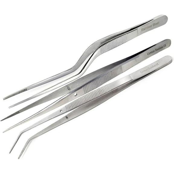 A2Z Culinary Stainless Steel Tweezers, 6-inch Set of 3 Straight & Angled Chef's Precision Tongs for Plating, Decorating, Food Design, Bar and Multi-Purpose Cooking Food Presentation Design styling Use