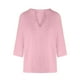 thumbnail image 5 of Top marrón,Camisa informal de mujer con cuello en V y manga 3/4, aspecto lino, mezcla de poliéster y elastano, cómoda para usar en casa, sopatenor, 5 of 9