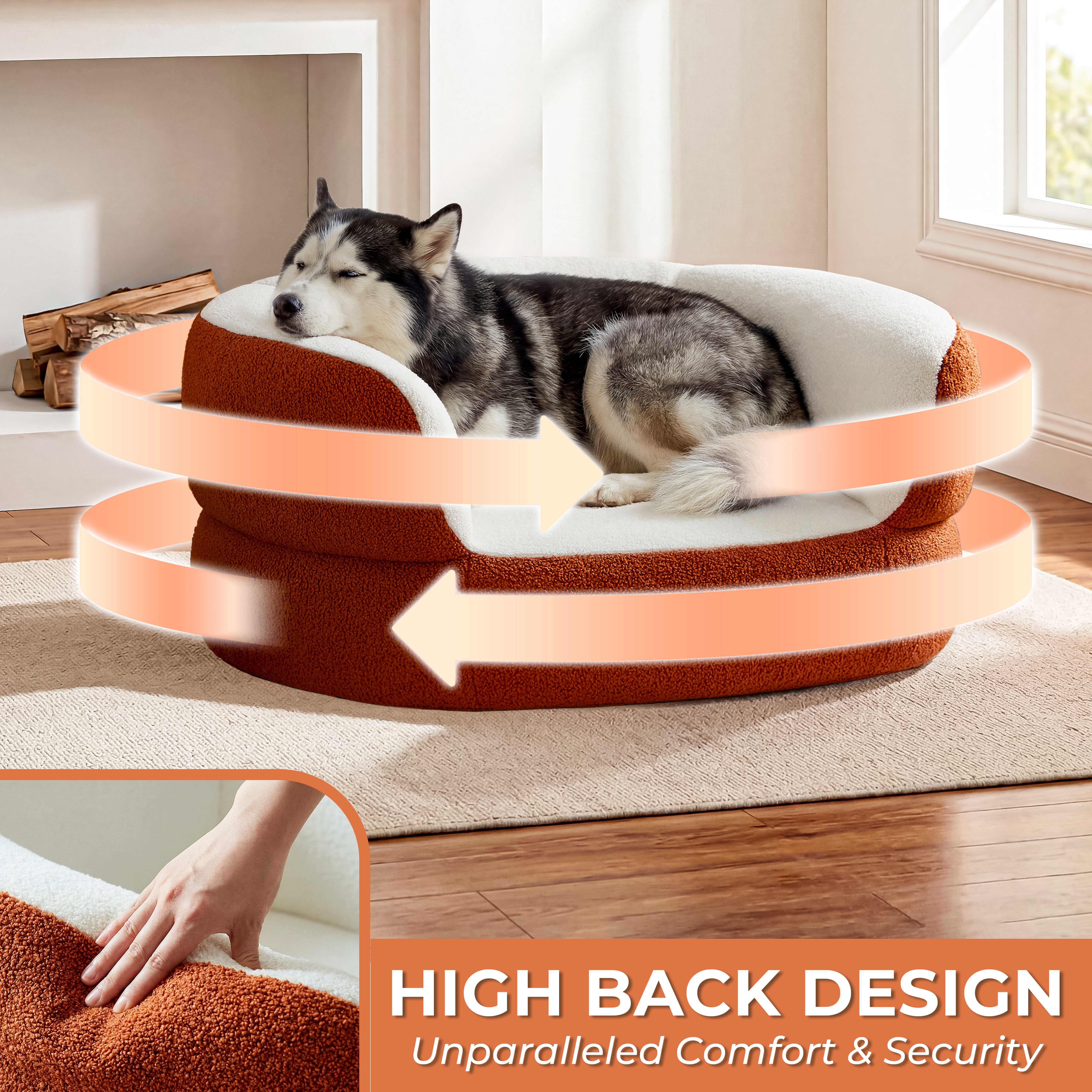 39.4" No Assembly Required Dog Couch Bed, Furniture Style Orthopedic Doggy Chaise with Foam for Dogs up to 75lbs, Round Faux Shearling Pet Sofa Bed with Removable Leather Mat for Living Room Bedroom