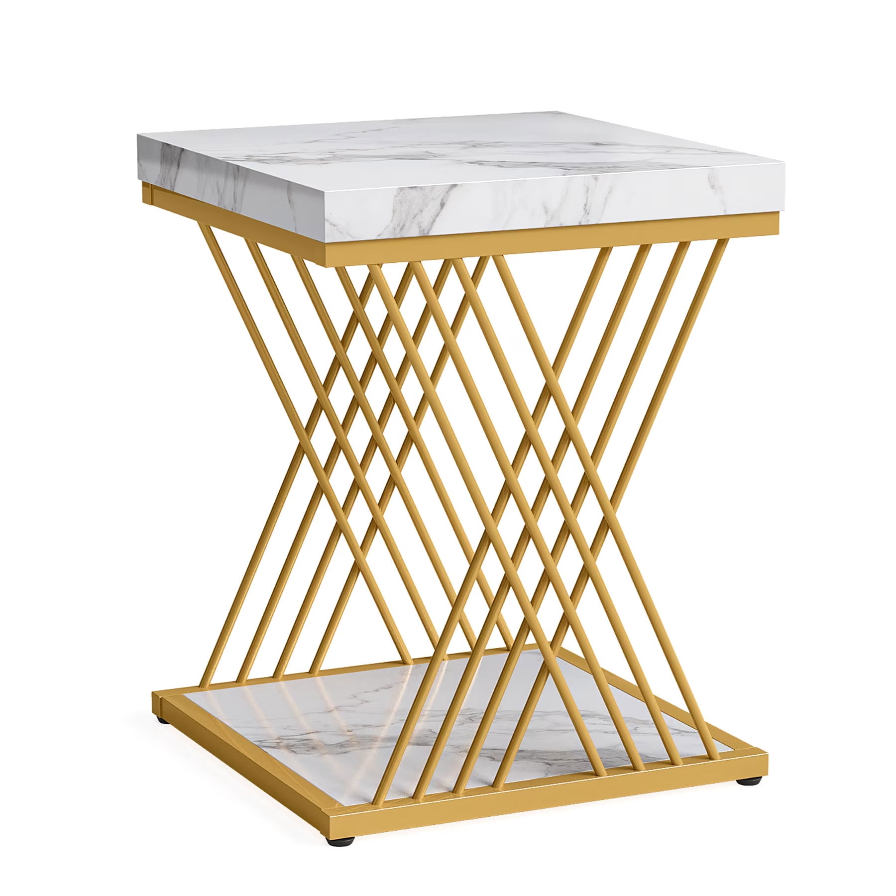 MAYEERTY 2-Tier Square End Table, Modern Gold Metal Side Table with Faux Marble Top, for Living Room, Bedroom