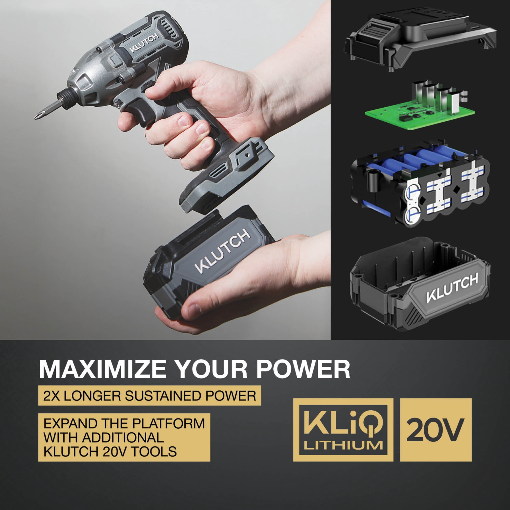 Klutch 1/4in. Impact Driver Kit, KLiQ 20V, 200 Ft./Lbs. Breakaway Torque, Brushless, Cordless, 2.0Ah