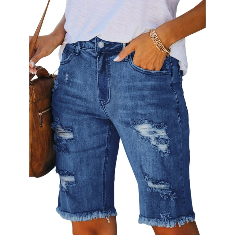 Frontwalk Ladies Ripped Pockets Denim Short Pants Solid Color