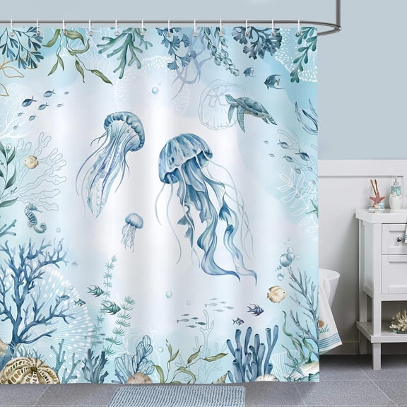 Nautical Coastal Jellyfish Shower Curtain, Teal Ocean Theme Underwater Sealife Coral Seahorse Sea Turtle Bathroom Curtain 72x72 Inch Polyester Fabric Waterproof Bath Curtain with 12 Hooks