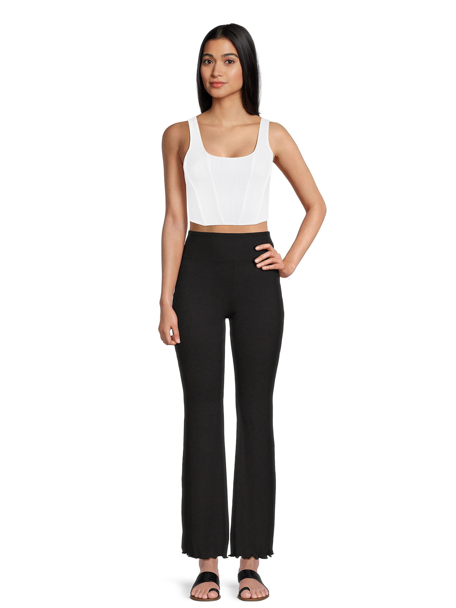No Boundaries Women's Juniors Ribbed Flare Lettuce Hem Pants, Sizes S-XXXL