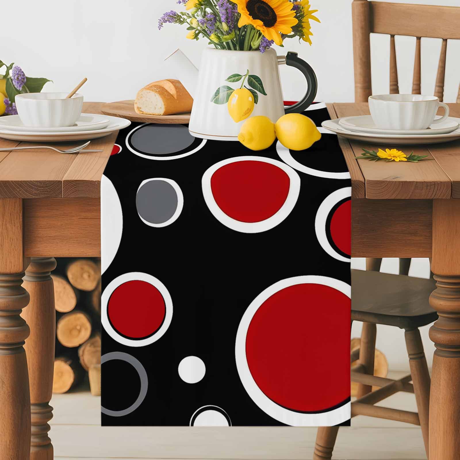 Abstract Red Black Circle Table Runner 90 Inches Long, Color Block on Black Table Runners Tabletop Scarf Kitchen Dining Tables Decoration for Home Party Indoor Outdoor