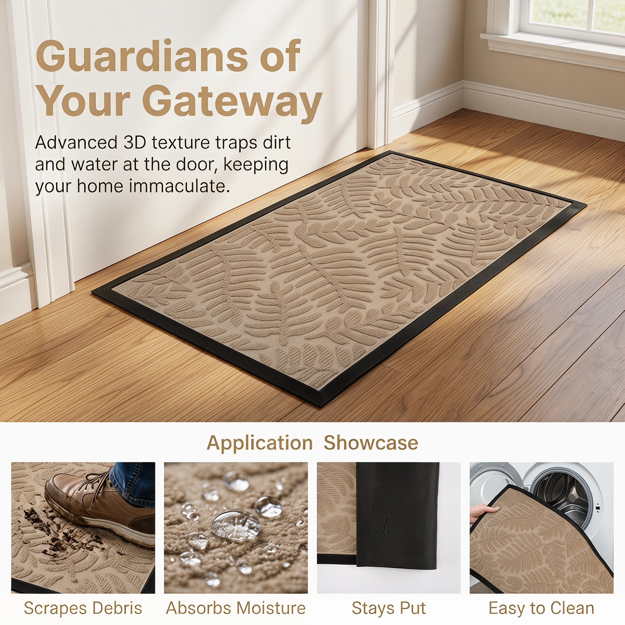 Unique Bargains Low-Profile Doormat Waterproof Non-Slip Geometric Scraper Khaki 30" x 18"