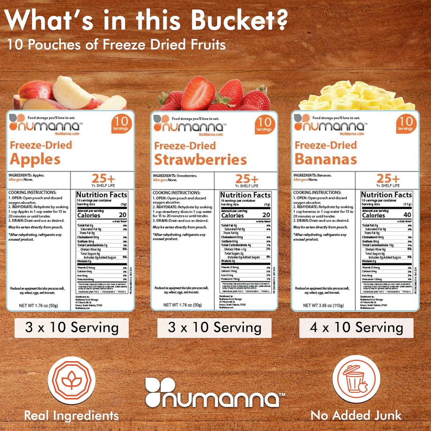 (Pack of 6) NuManna Freeze-Dried Fruits Buckets – 600 Servings | Apples, Bananas & Strawberries | Non-GMO, No Preservatives | Long Shelf Life Emergency Food & Camping Snack – 25 Years