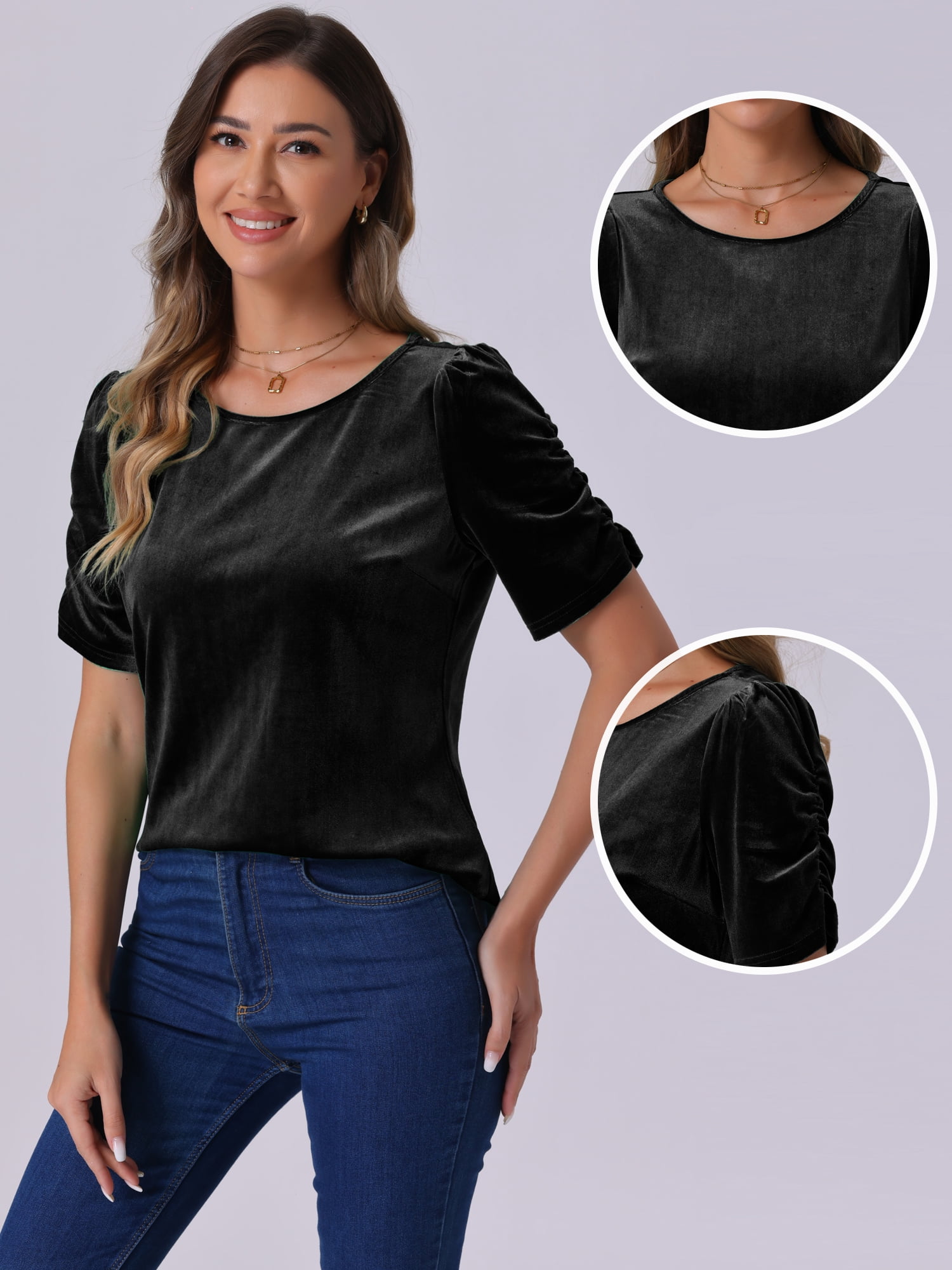 DARING DIVA Women's Round Neck Puff Short Sleeve Party Velvet Top M Black